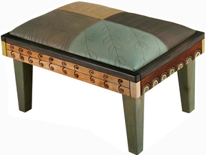 Ottoman –  Sweet, simple vine and abstract design ottoman in muted greens and browns main view