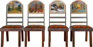 Sticks Chair Set with Leather Seats –  Eclectic folk art chair set with rolling four seasons landscapes