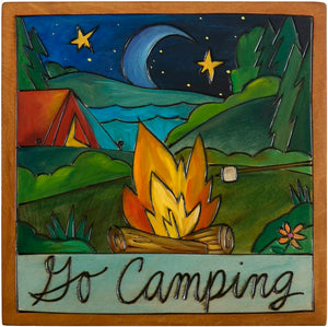 7"x7" Plaque –  "Go camping" along a lake landscape motif