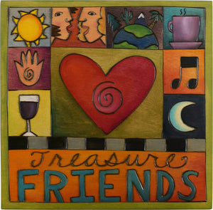 Sticks handmade wall plaque with "Treasure Friends" quote and colorful life icons