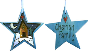 Star Ornament –  "Cherish Family" star ornament with cozy cottage in the snow motif