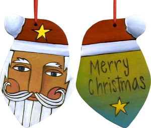 Santa Ornament –  Festive Santa ornament with yellow, green and blue back, "Merry Christmas"