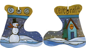 Stocking Ornament –  "Celebrate" stocking ornament with smiley snowman and cozy cottage under the snowfall motif
