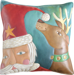 Leather Pillow –  Cheerful Santa and reindeer pillow painted in jolly hues