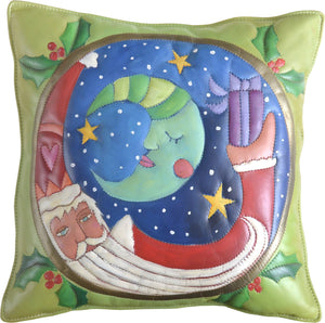 Leather Pillow –  Playful folk art pillow with Santa on Christmas eve night