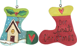 Stocking Ornament –  "Our First Christmas" stocking ornament with cozy cottage under the snowfall motif