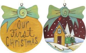 Ball Ornament –  Our First Christmas ball ornament with snowy house and christmas trees motif