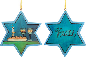 Star of David Ornament –  Bright blue "peace" Star of David ornament with a traditional meal served