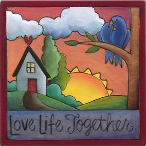 Sticks handmade wall plaque with "Love Life Together" quote and cute love birds heart home landscape