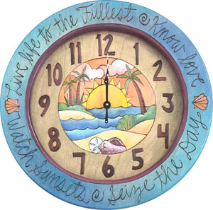 14" Round Wall Clock –  Beach themed wall clock with sunset and shells
