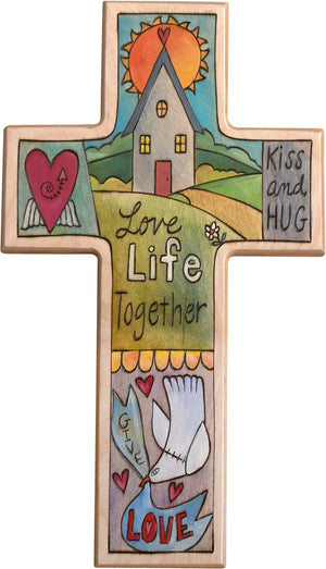 Cross Plaque –  Love Life Together cross plaque with home and sun on the horizon motif