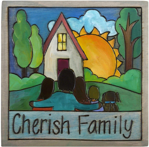 7"x7" Plaque –  Elegant landscape plaque with heart home, sunrise and family with a dog, "Cherish Family"