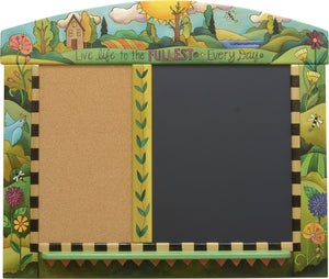 Large Activity Board –  Energetic and colorful cork and chalkboard with rolling landscapes and floral motifs 