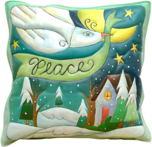 Leather Pillow –  ﻿A peace dove soars over a snow-covered home
