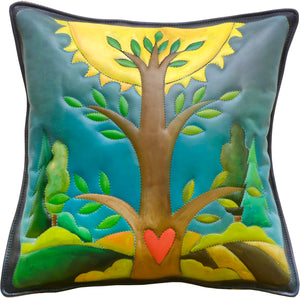 Leather Pillow –  A bright tree of life fills this pillow front