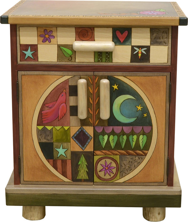Nightstand Cabinet –  Elegant and neutral nightstand cabinet with color block symbols and a tree of life on each side with respective sun and moon motif