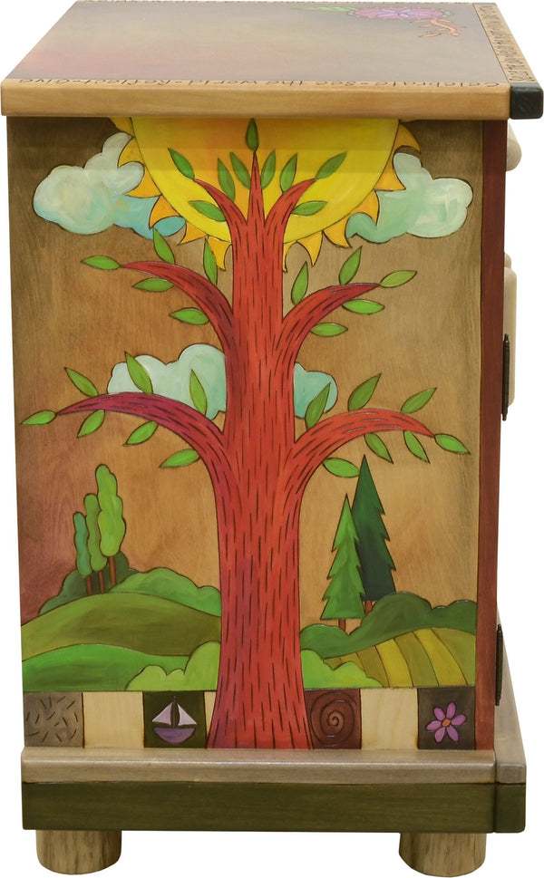 Nightstand Cabinet –  Elegant and neutral nightstand cabinet with color block symbols and a tree of life on each side with respective sun and moon motif