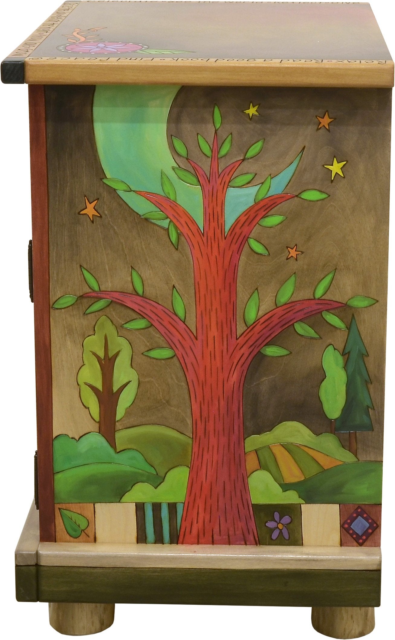 Nightstand Cabinet –  Elegant and neutral nightstand cabinet with color block symbols and a tree of life on each side with respective sun and moon motif