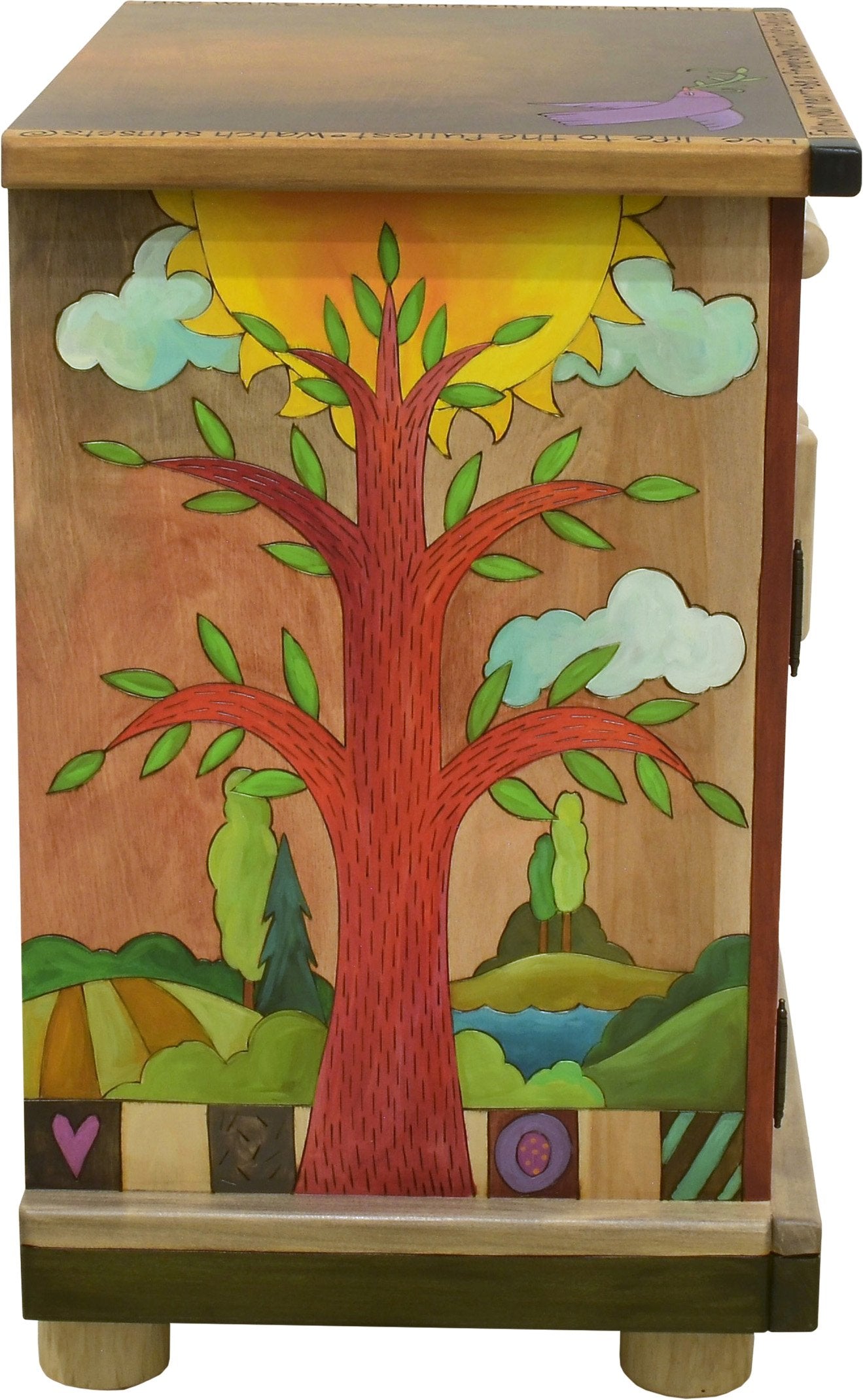 Nightstand Cabinet –  Elegant and neutral nightstand cabinet with color block symbols and a tree of life on each side with respective sun and moon motif