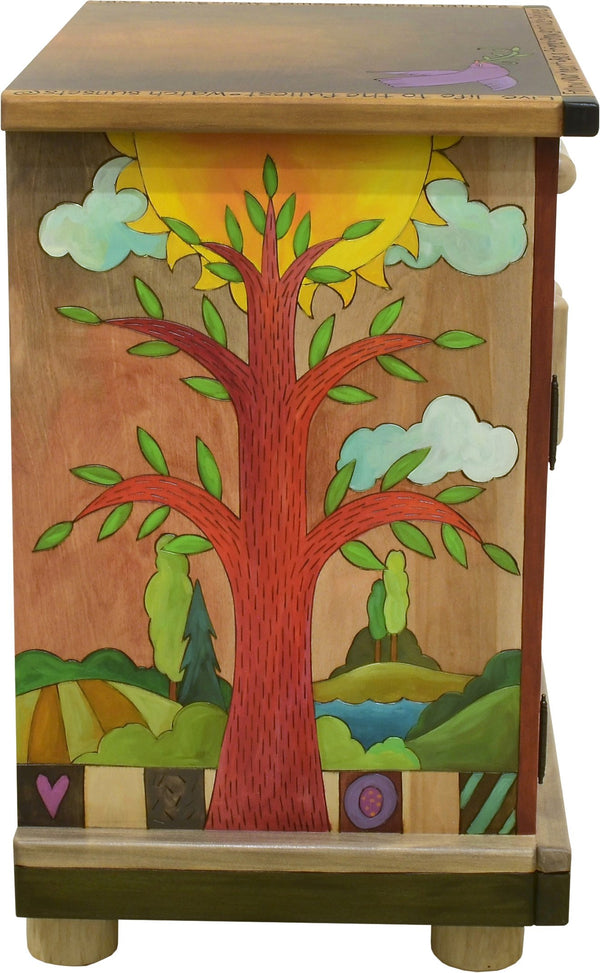 Nightstand Cabinet –  Elegant and neutral nightstand cabinet with color block symbols and a tree of life on each side with respective sun and moon motif