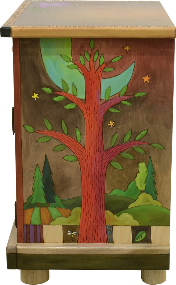 Nightstand Cabinet –  Elegant and neutral nightstand cabinet with color block symbols and a tree of life on each side with respective sun and moon motif