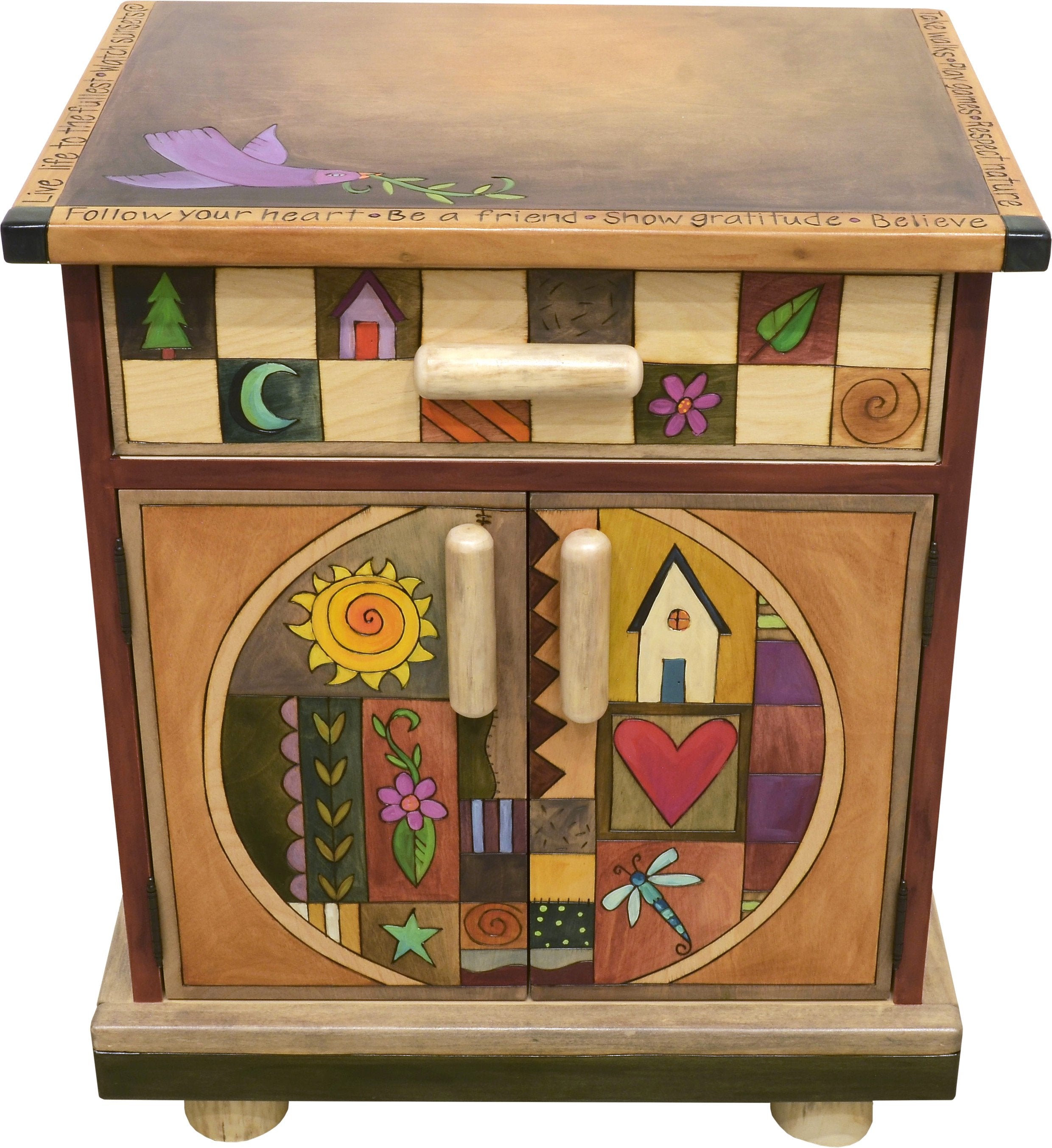 Nightstand Cabinet –  Elegant and neutral nightstand cabinet with color block symbols and a tree of life on each side with respective sun and moon motif