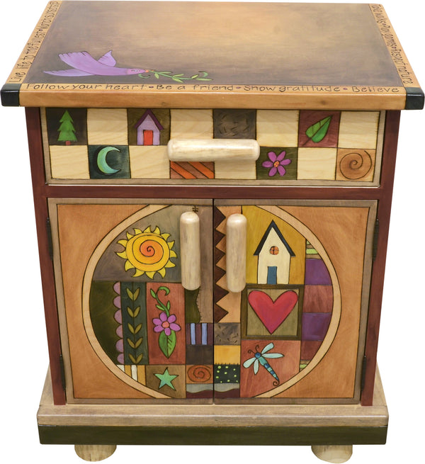 Nightstand Cabinet –  Elegant and neutral nightstand cabinet with color block symbols and a tree of life on each side with respective sun and moon motif