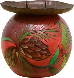 Red pine cone and holly vine candle ball holder