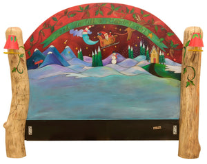 Queen Bed with Lights –  Eclectic Christmas themed queen bed in rich hues view of headboard only