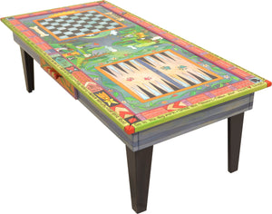 Urban Game Table –  Bright and whimsical dogs and cats game table with three games