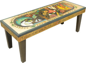 Sticks handmade 4' bench with colorful folk art imagery. Side View