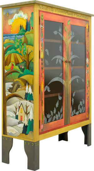 Bookcase with Glass Doors –  Four seasons tree of life bookcase design done in a beautiful elegant palette