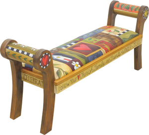 Rolled Arm Bench with Leather Seat –  Beautiful bench with a cozy crazy quilt motif