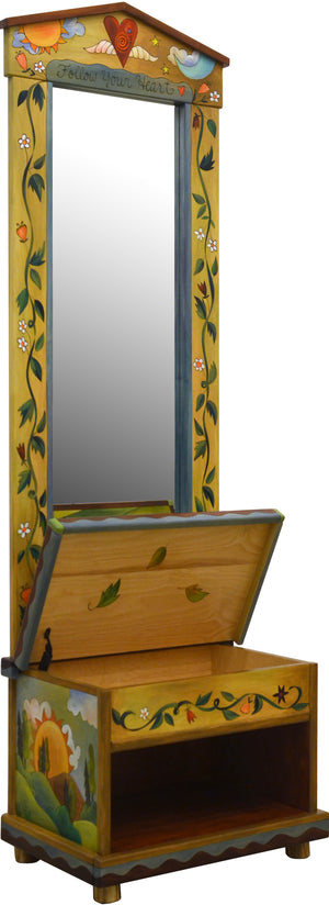 Hall Tree –  Beautiful folk art hall tree with mirror and storage bench featuring landscape paintings, a heart with wings at the top, and a sun and moon motif