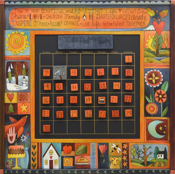 Seasonal crazy quilt calendar motif with phrases to inspire you along the top panel