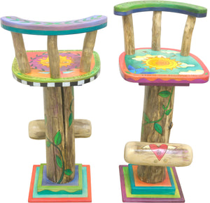 Whimsical and vibrant celestial sunny sky stool motifs, front and back view of 2 of 4 stools