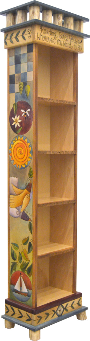 Beautiful bookcase with encircled icons, falling leaves, and blue patchwork accents