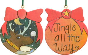 "Jingle all the way" ornament with a playful reindeer