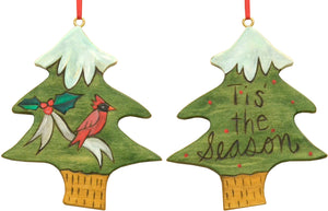 Snow topped "tis the season" tree ornament with a winter cardinal