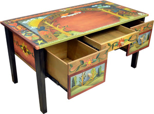 Large Desk –  "Seek knowledge, read books" desk with boxed icons and lovely landscape motifs all over
