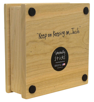 "Keep on Keeping on, Jacob" Keepsake Box – A crazy quilt design mixing Sticks icons and inspirational phrases back view