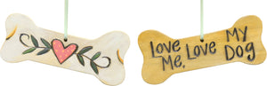 "Love me love my dog" ornament with a sweet heart vine design