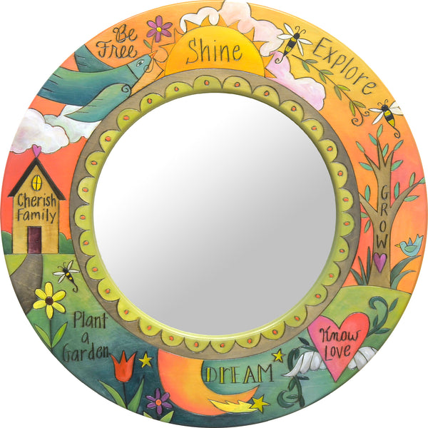 Small Circle Mirror –  Beautiful and vibrant floating icon mirror motif with coordinating inspirational phrases interspersed