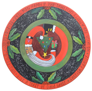 20" Lazy Susan – Whimsical Santa holding a present with holly and glitter accents in a traditional red and green palette