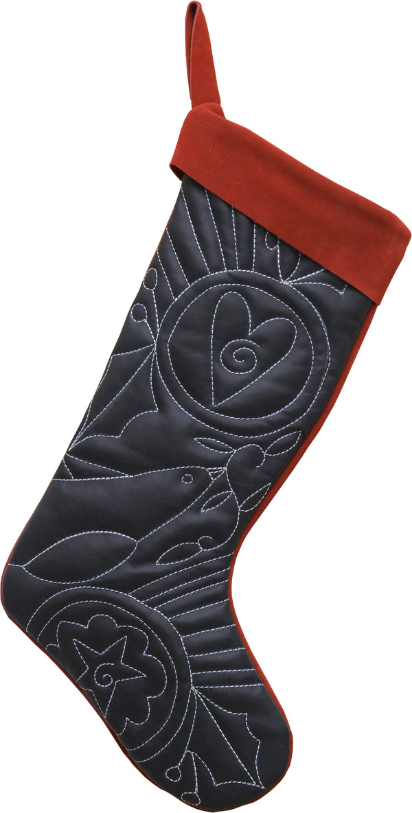 Beautiful black stocking with icons, holly, and peace dove design done in white contrast stitching