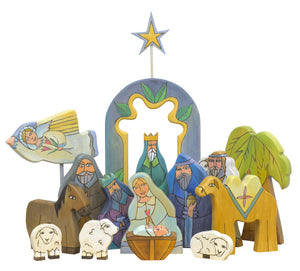 Large nativity sculpture done in a soft, cool color palette