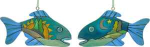 Fish ornament with water scene landscapes in blue hues