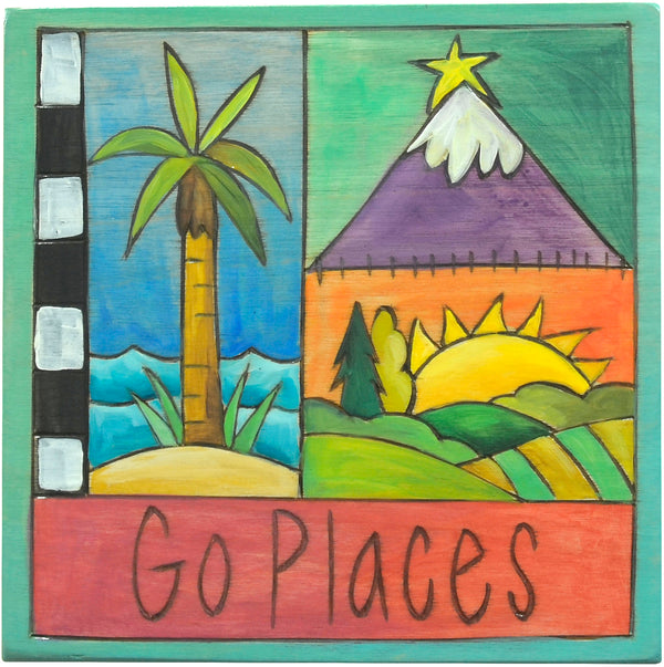"Go places" geographical plaque in a crazy quilt design