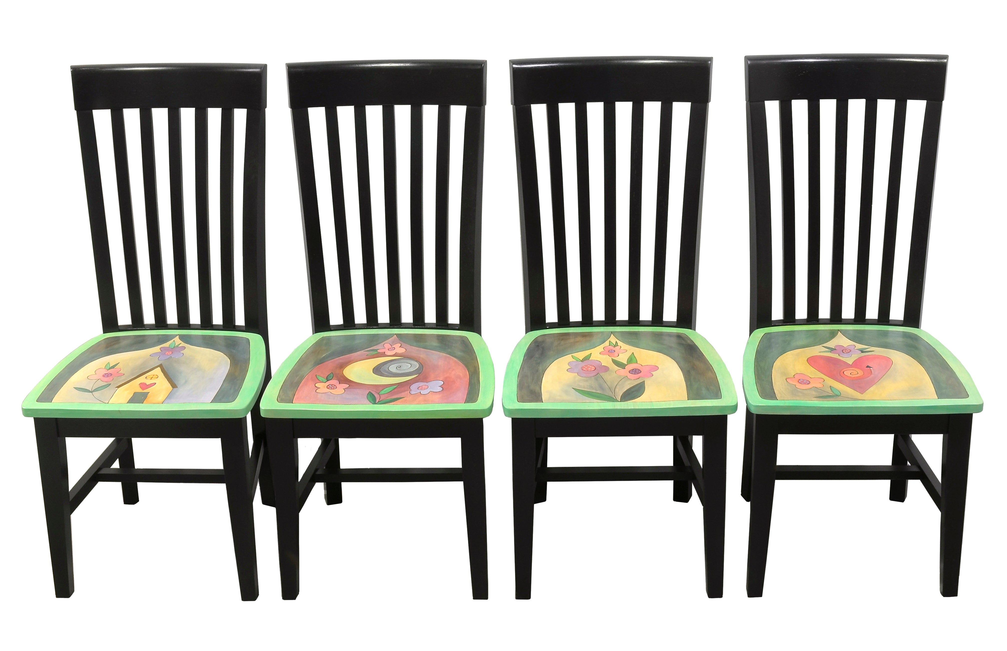 Bold and beautiful black chairs with Sticks icons and flowers on each seat