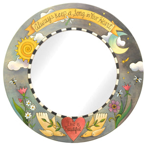 "Always keep a song in your heart" mirror with check border, sprouting flowers, and soaring birds